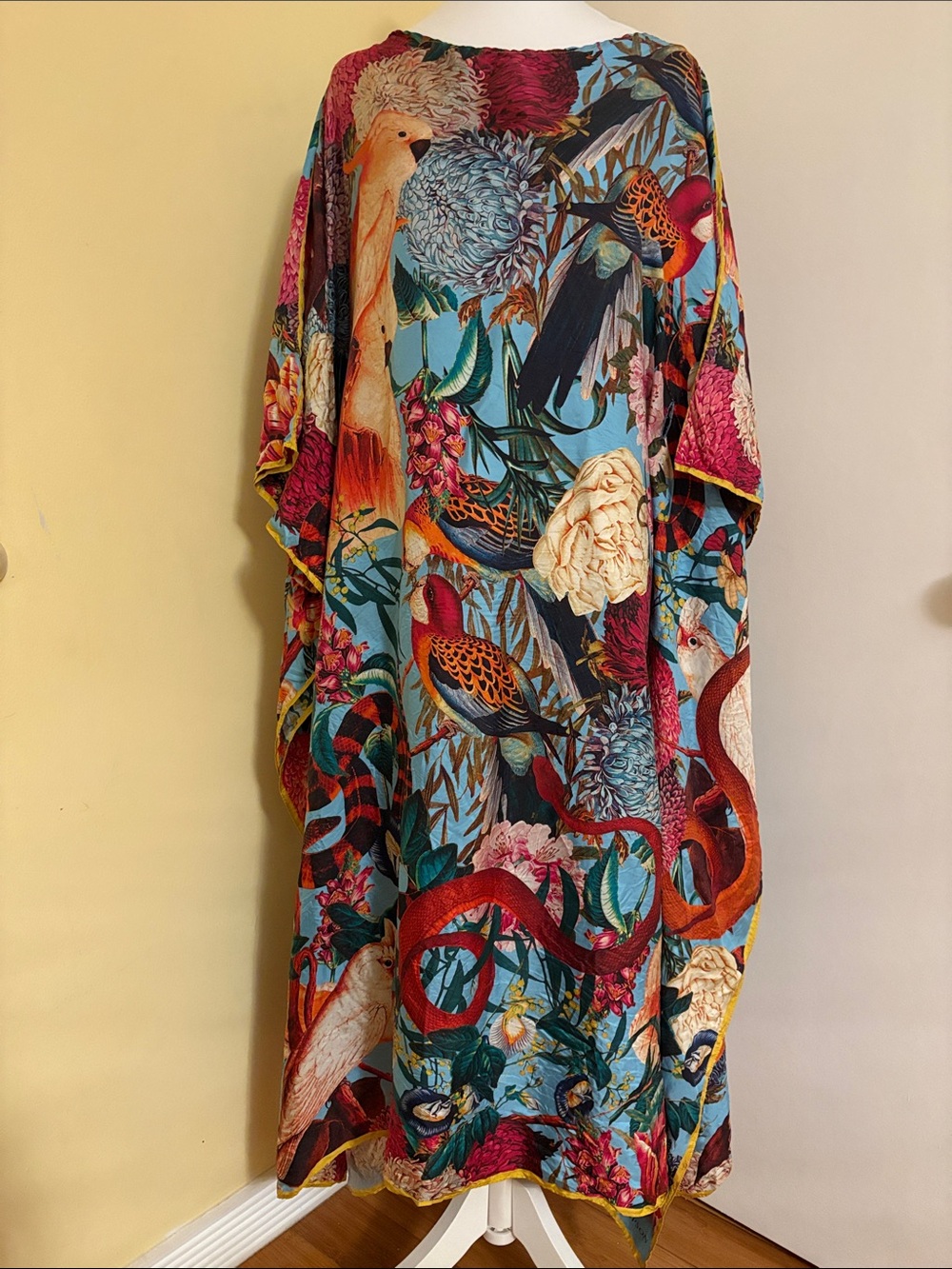 Jim Thompson Tropical Bird & Floral Swim Cover-Up in Turquoise Multi Sz OS ( F )